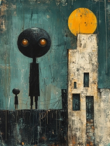 Dos figuras de pie junto a un edificio por la noche