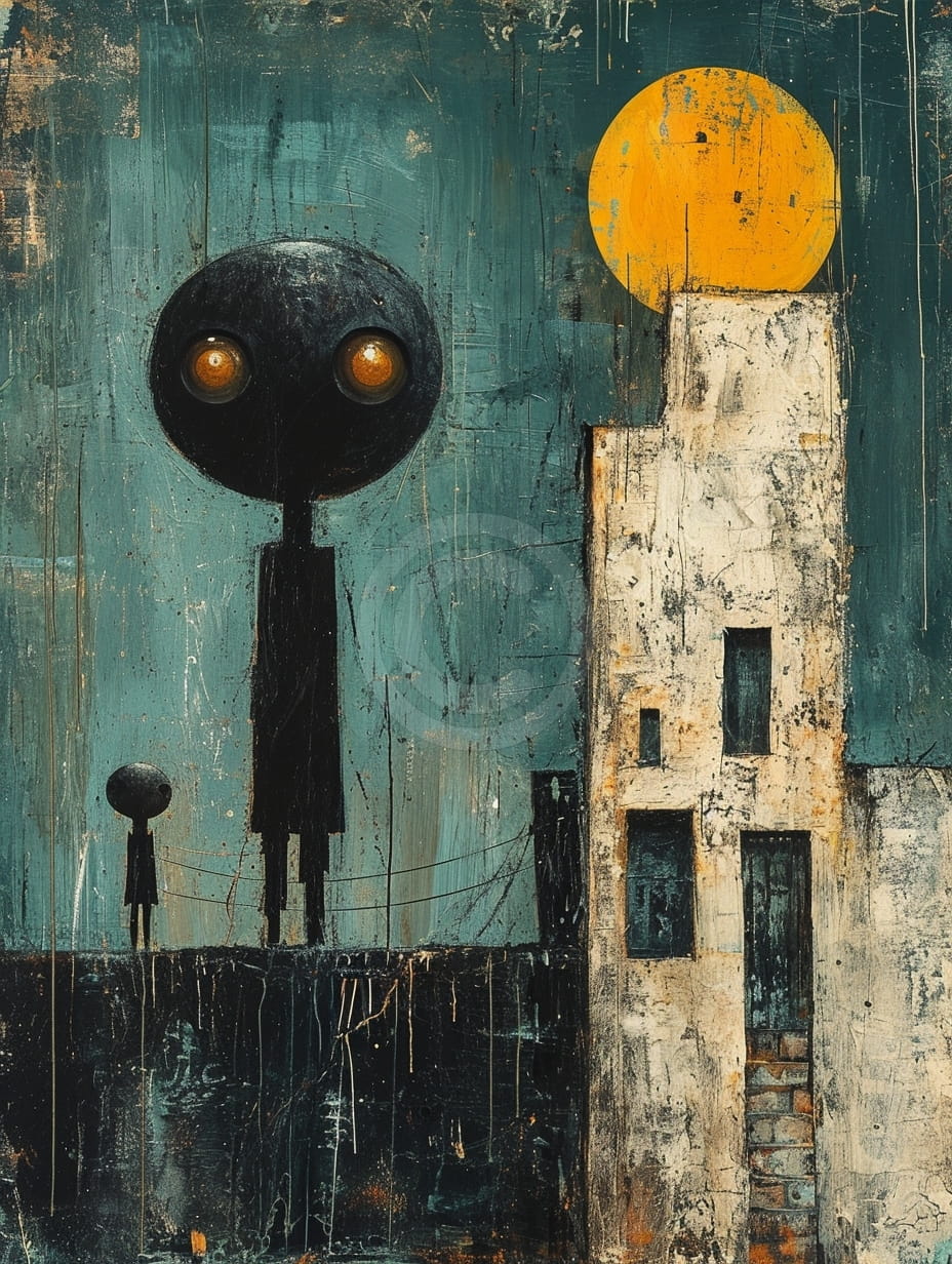 Dos figuras de pie junto a un edificio por la noche