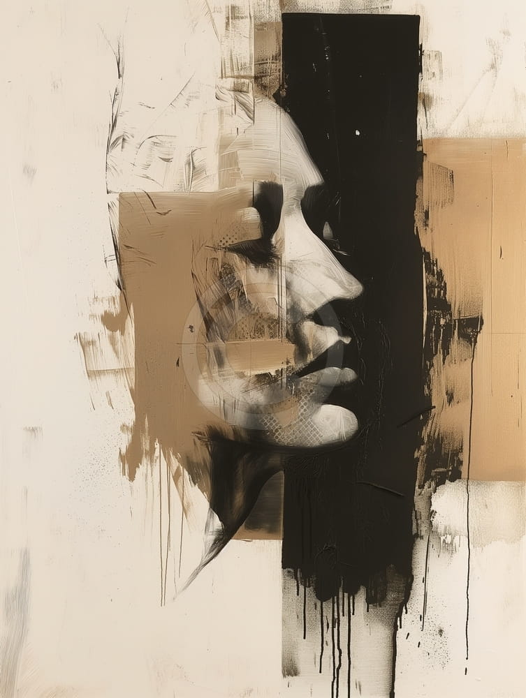 Rostro de mujer de perfil con bloques abstractos negros y beige