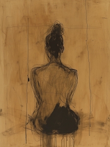 Femme assise de dos sur fond ocre