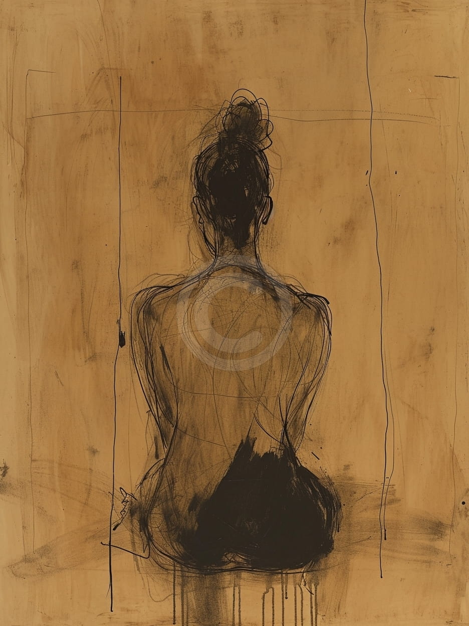 Donna seduta vista da dietro su sfondo ocra