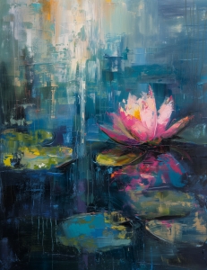 Fiore di loto rosa su acqua blu con ninfee
