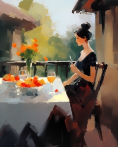 Mujer leyendo en mesa al aire libre