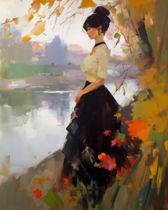 Donna in riva al lago in autunno