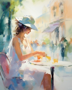 Woman in White Dress at a Caf&eacute; Table