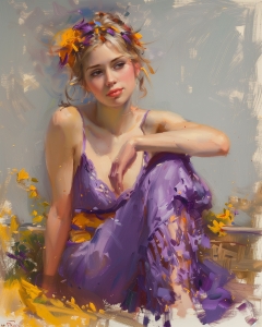Donna in abito viola con corona di fiori