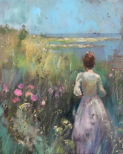 Femme marchant &agrave; travers un champ de fleurs
