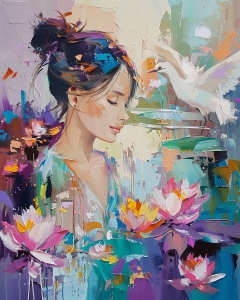 Mujer con flores de loto y ave blanca