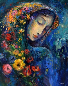 Donna con fiori nel blu profondo
