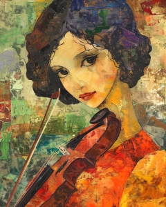 Girl with Violin in Red Dress