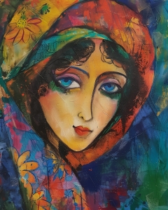 Donna con occhi azzurri e cappuccio colorato