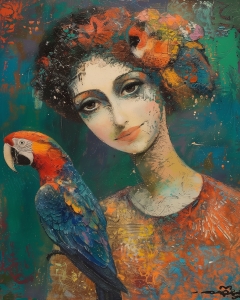 Woman with Parrot and Colorful Hair