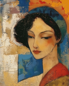 Frau mit blauem Kopftuch und rotem Kragen