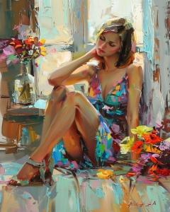 Fille assise pr&egrave;s de la fen&ecirc;tre avec des fleurs