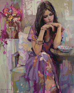 Femme en robe violette assise, le menton sur les mains