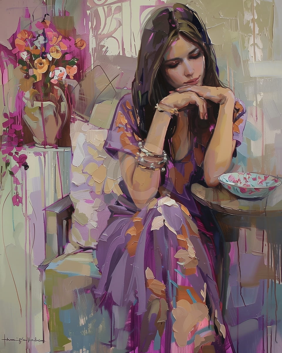 Femme en robe violette assise, le menton sur les mains