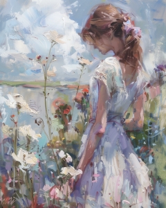 Fille en robe blanche parmi les fleurs