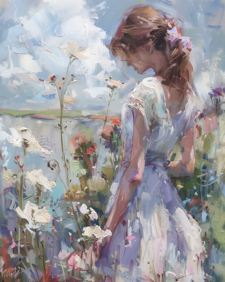 Fille en robe blanche parmi les fleurs