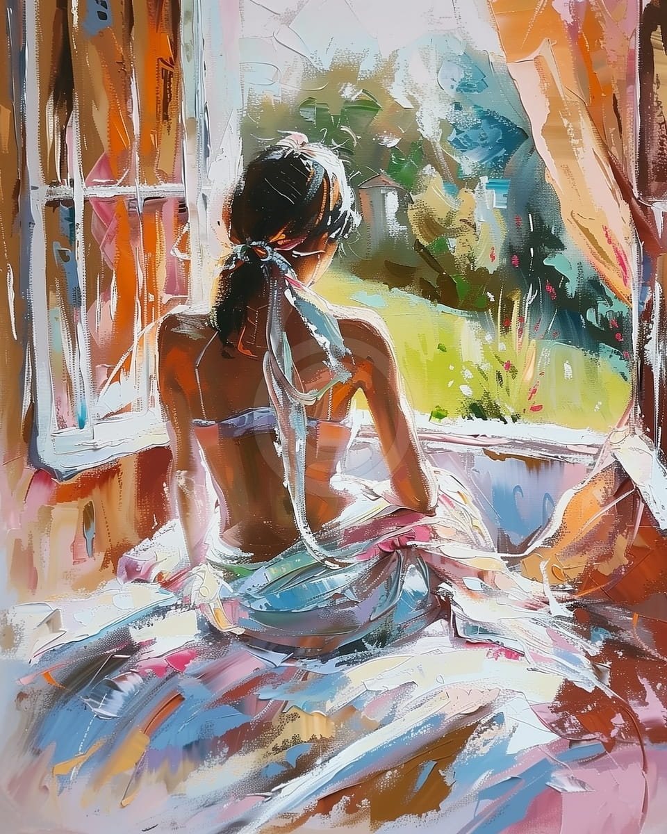 Mujer sentada junto a la ventana abierta