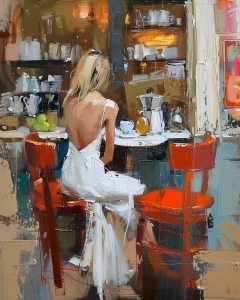 Frau im wei&szlig;en Kleid im Caf&eacute;