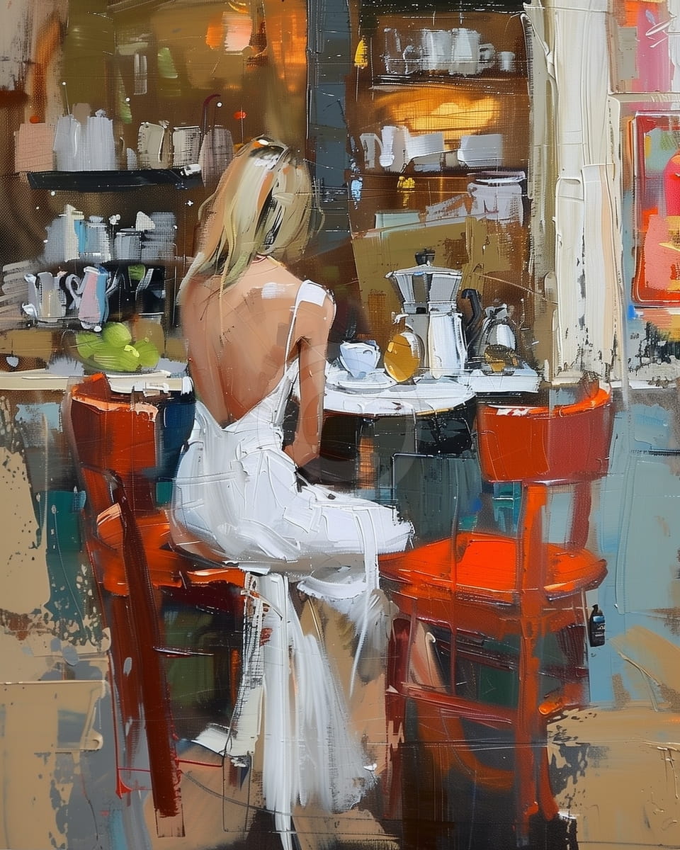 Frau im weißen Kleid im Café