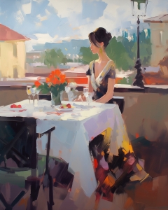 Mujer elegante en una mesa de terraza