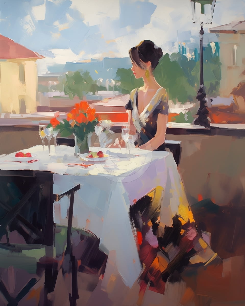 Femme élégante à une table en terrasse