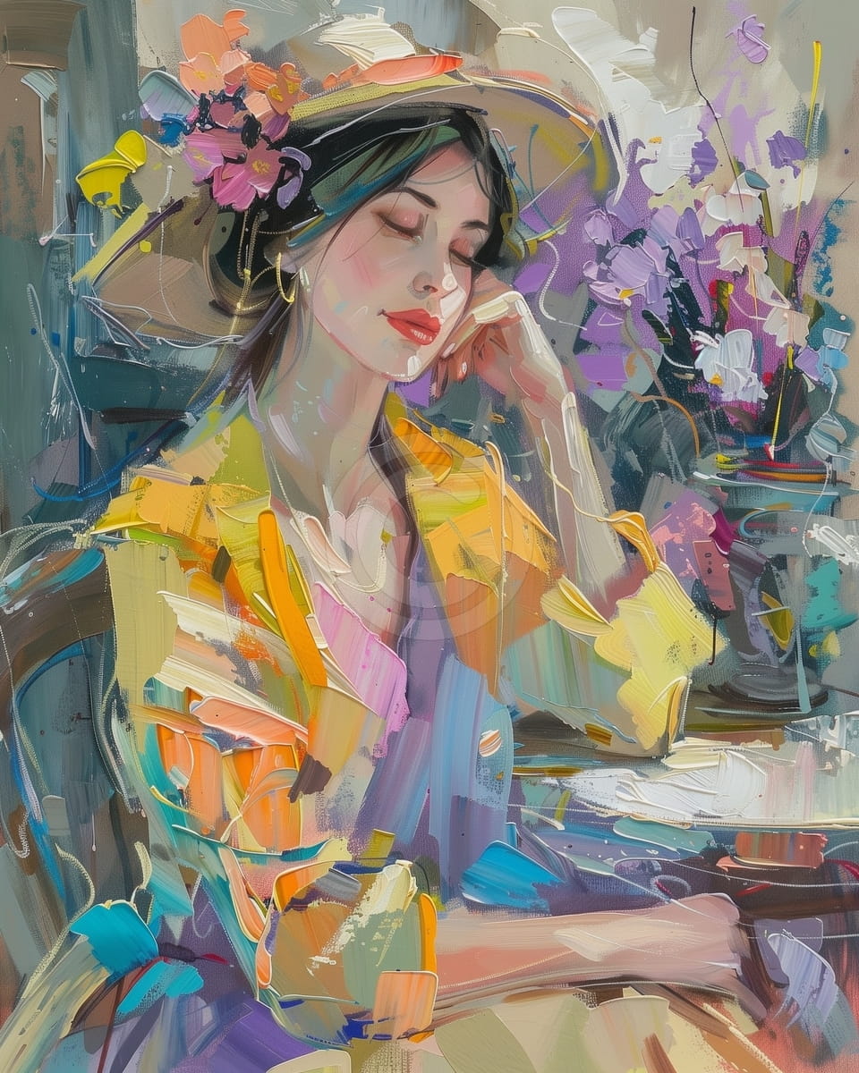 Mujer con sombrero y flores