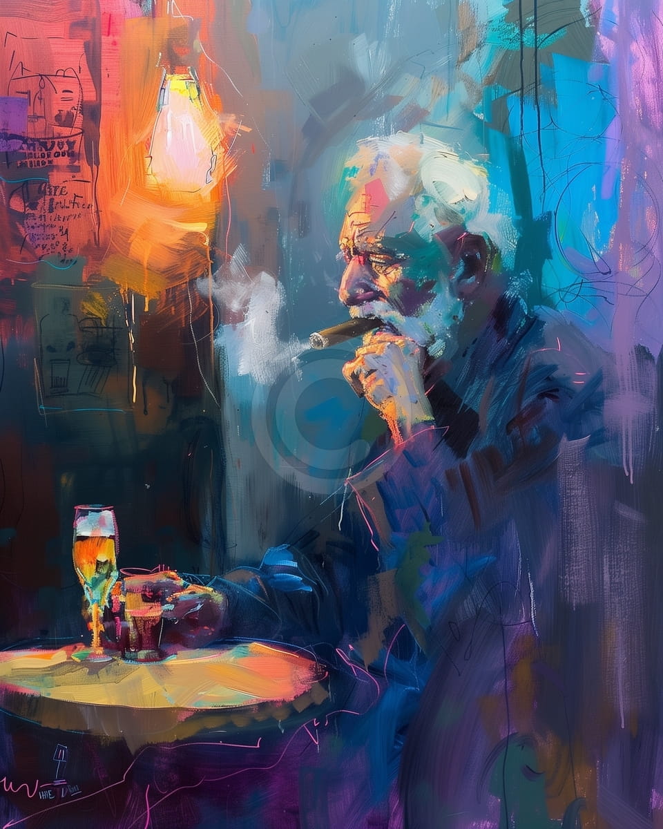 Vecchio che fuma a un tavolo da bar