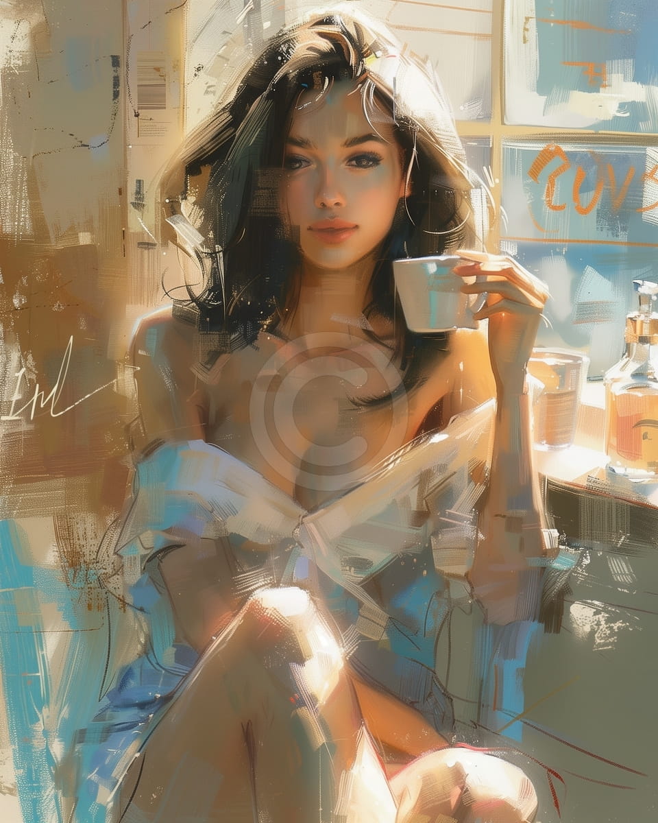 Mujer tomando café junto a la ventana