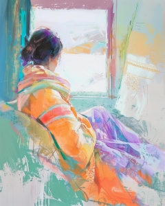 Frau am Fenster mit buntem Schal