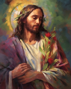 Jes&uacute;s con flores y halo