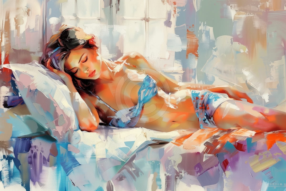 Femme Allongée en Lingerie Bleue