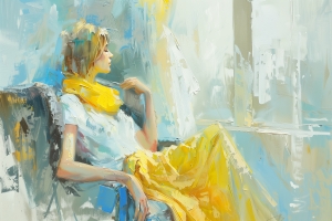 Frau sitzt am Fenster