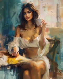 Femme assise avec une tasse de caf&eacute; &agrave; la main