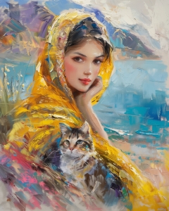 Woman in Yellow Scarf with Cat by the Water