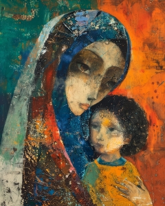 Madre e Bambino su Sfondo Arancione e Petrolio