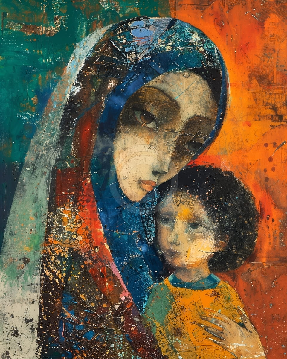 Madre e Bambino su Sfondo Arancione e Petrolio