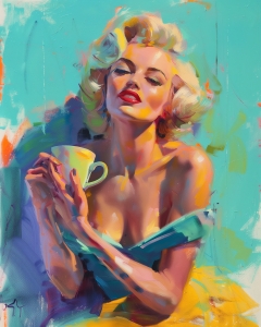 Femme Blonde avec Tasse sur Fond Turquoise