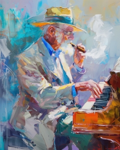 Hombre con Sombrero Tocando el Piano con Puro