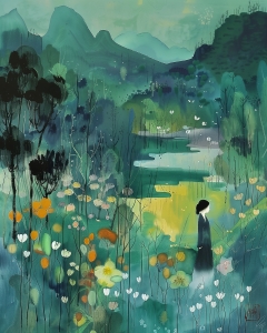 Mujer Caminando por un Valle Florido