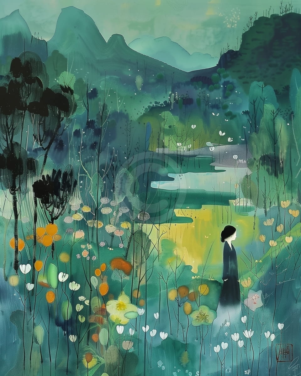 Femme Marchant dans une Vallée Fleurie