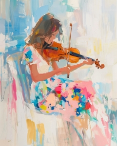 Fille en Robe Fleurie Jouant du Violon
