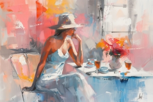 Donna in Abito Bianco al Tavolo di un Caff&egrave;