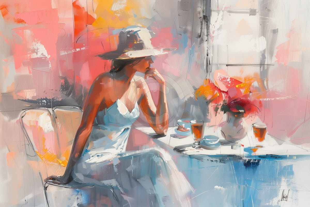 Femme en Robe Blanche à la Table d’un Café