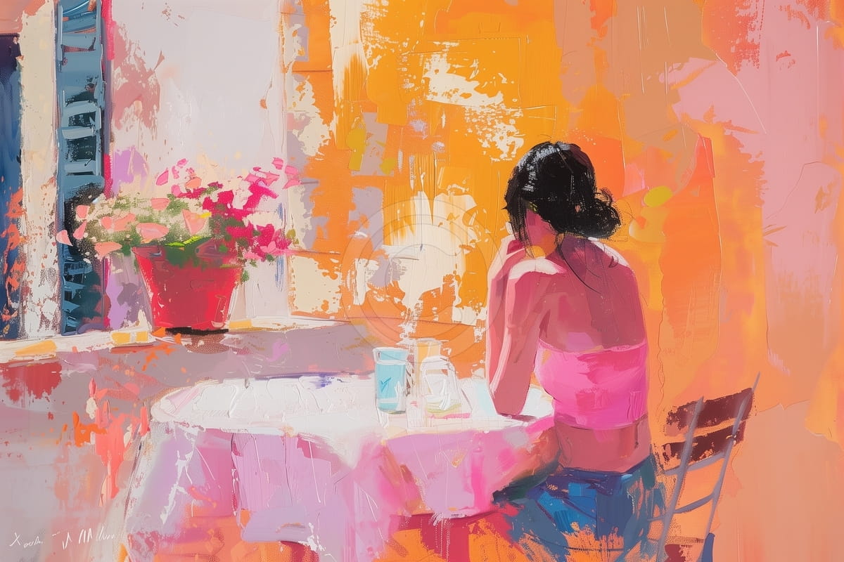 Ragazza con top rosa al tavolo