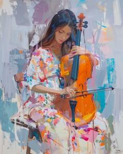 Femme en robe fleurie jouant du violoncelle