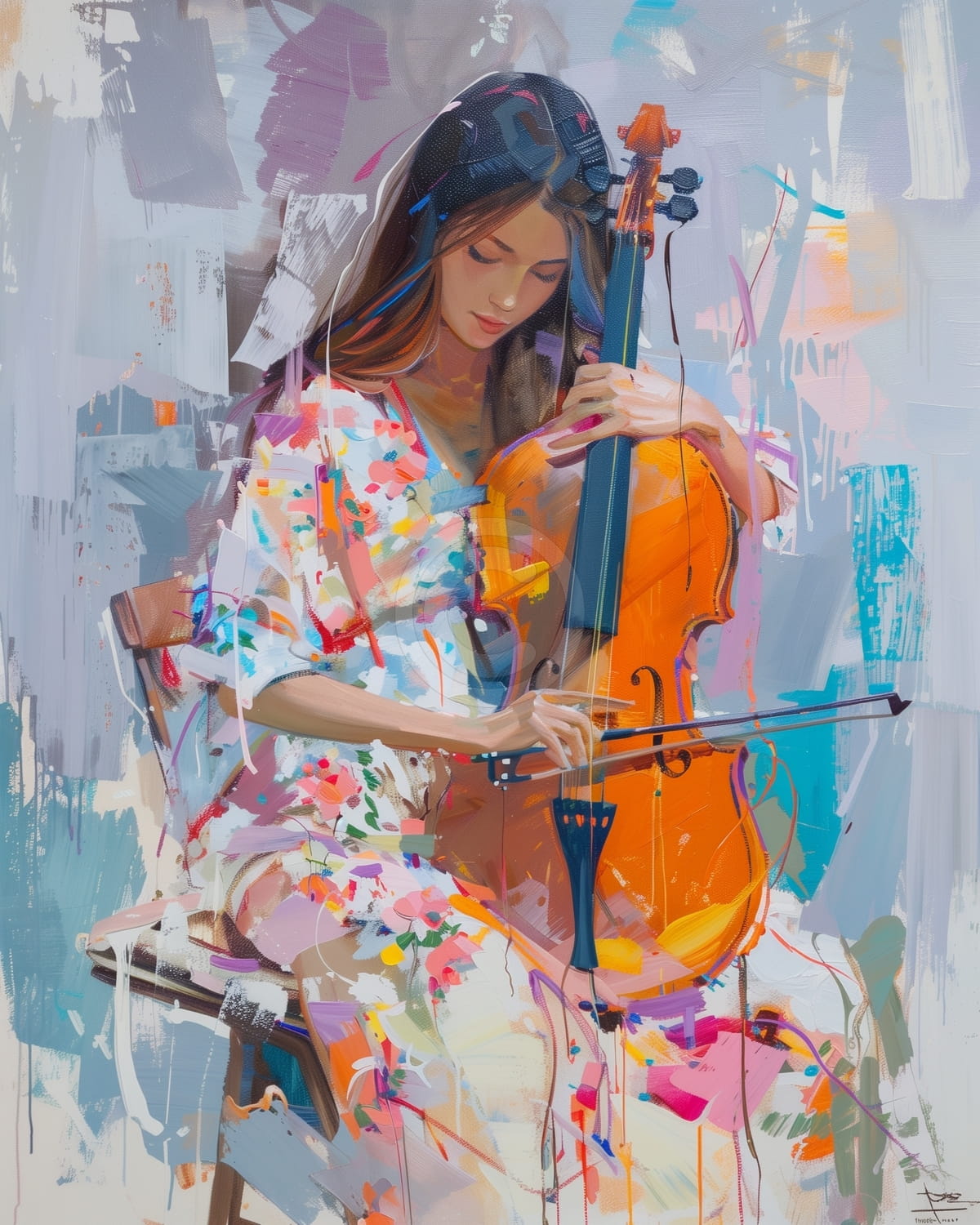 Femme en robe fleurie jouant du violoncelle