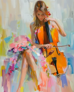Chica Tocando el Violonchelo con Vestido Colorido
