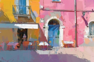 Tables de Caf&eacute; dans une Rue Ensoleill&eacute;e et Color&eacute;e